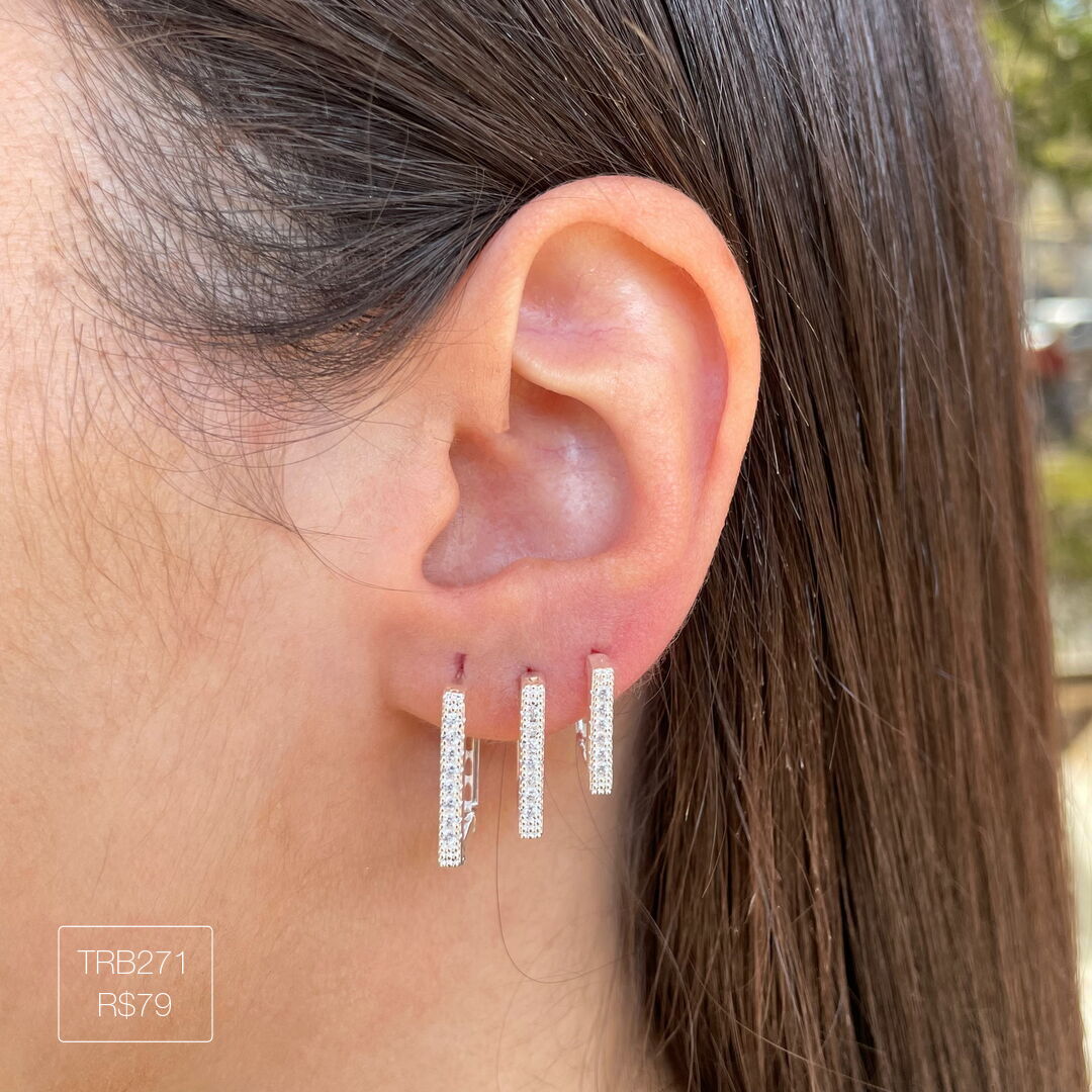 Trio de Argola Quadrada Cravejada Cristal Prateado